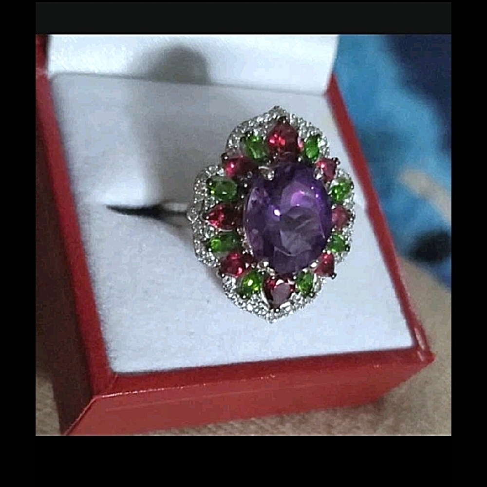 Amethyst Chrome Diopside Garnet Zircon Ring Rhodium Plate